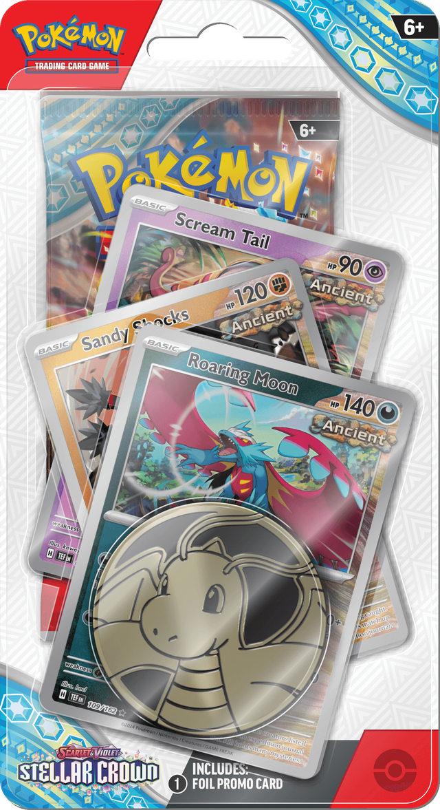 Stellar Crown Ancient Premium Checklane Blister met promo van Ancient Pokémon, Dragonite munt en Stellar Crown boosterpack.