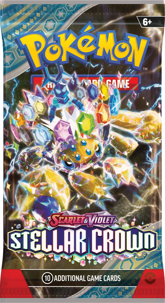 Stellar CrPokémon Stellar Crown Boosterpack met 10 kaarten inclusief Terapagos, Cinderace ex, Lapras en Galvantulaown Boosterpack met krachtige nieuwe Pokémon kaarten.