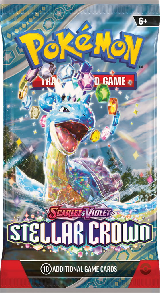 Stellar CrPokémon Stellar Crown Boosterpack met 10 kaarten inclusief Terapagos, Cinderace ex, Lapras en Galvantulaown Boosterpack met krachtige nieuwe Pokémon kaarten.
