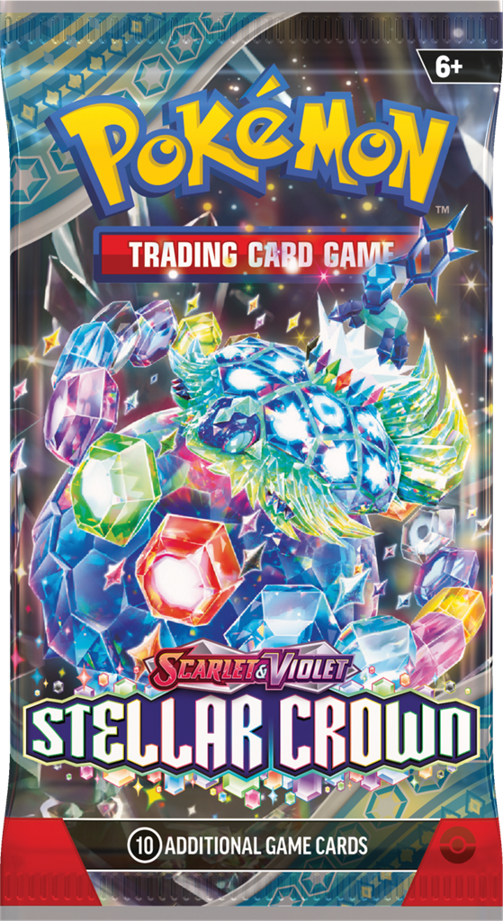 Stellar CrPokémon Stellar Crown Boosterpack met 10 kaarten inclusief Terapagos, Cinderace ex, Lapras en Galvantulaown Boosterpack met krachtige nieuwe Pokémon kaarten.