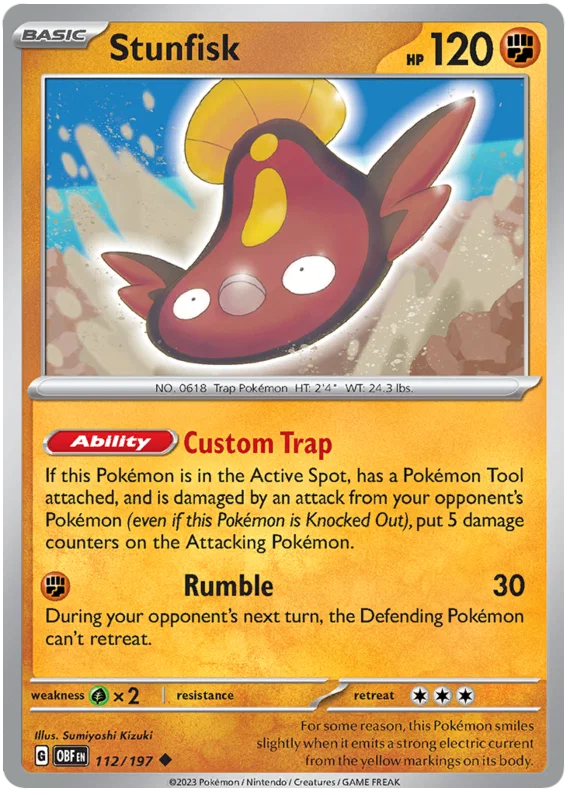 Pokémon Stunfisk 112/197 common kaart uit de Obsidian Flames set