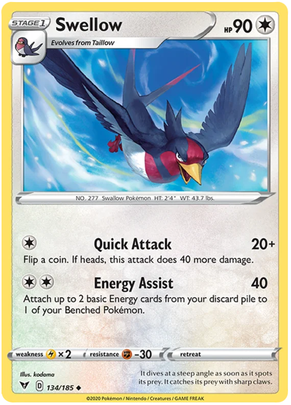 Swellow common Pokémon kaart nummer 134/185 uit Vivid Voltage set