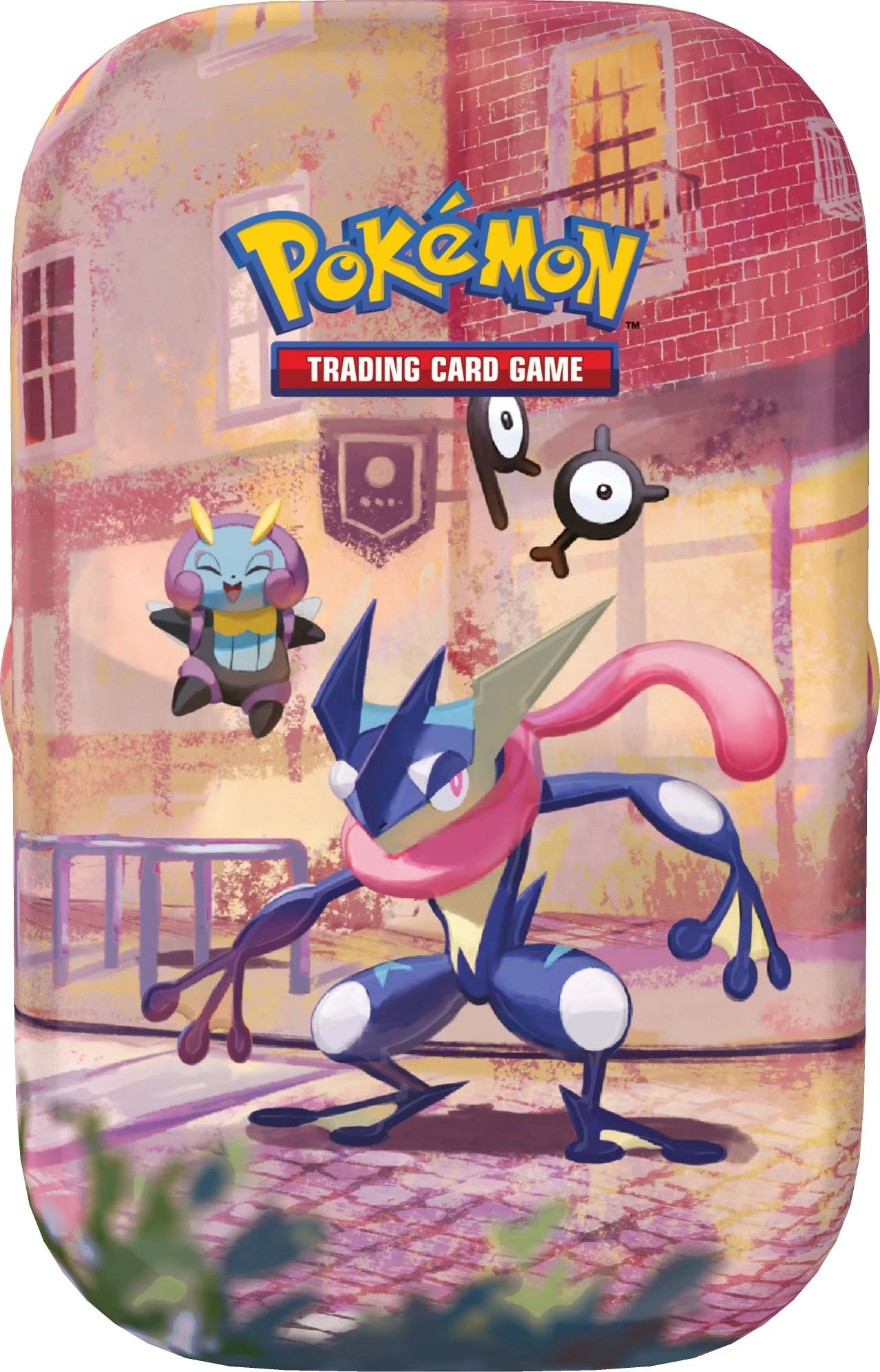 Vooraanzicht van de officiële Pokémon TCG 30th Celebration Mini Tin verpakking met artwork van Greninja, Illumise en Unown.