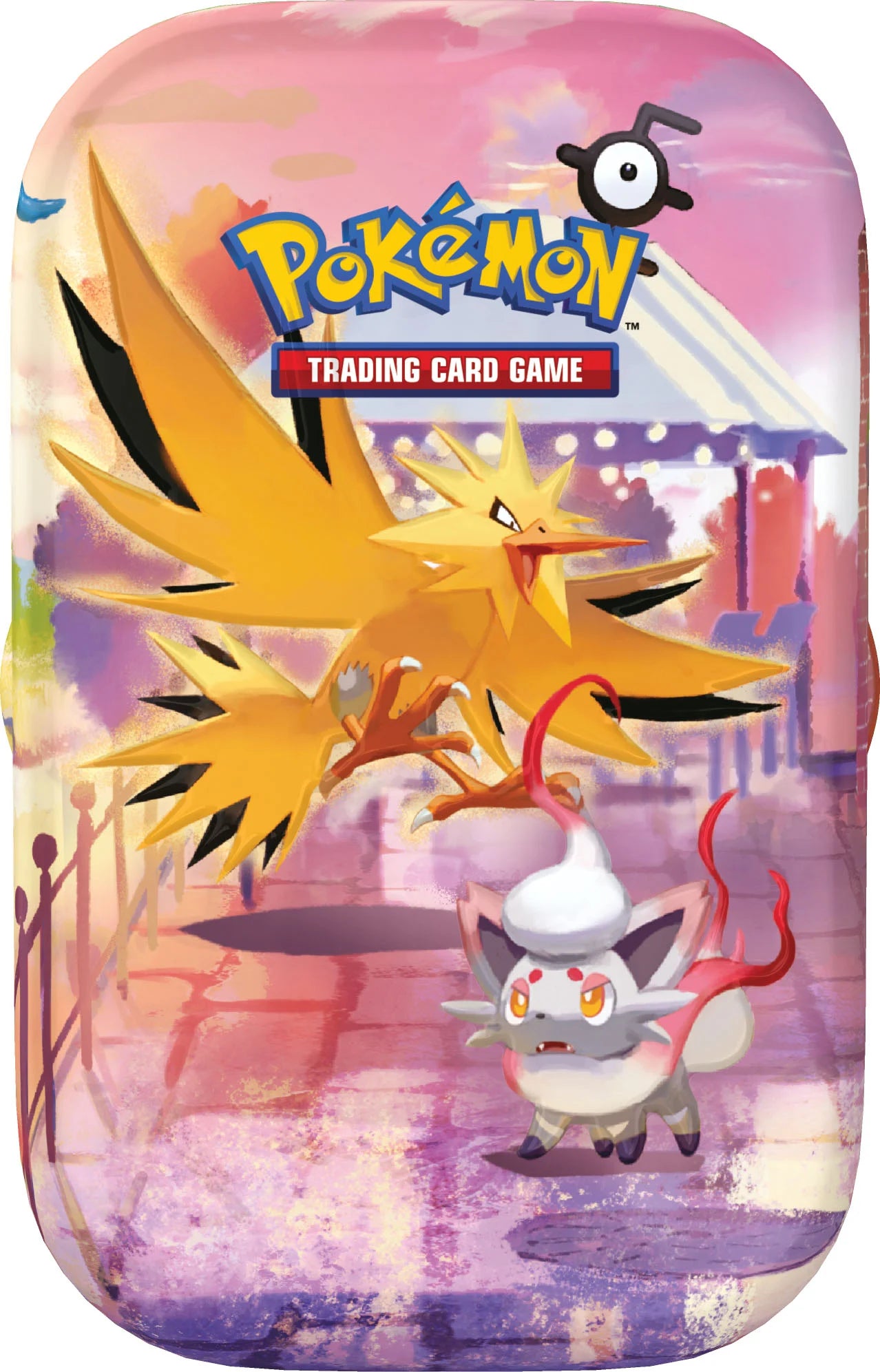 Vooraanzicht van de officiële Pokémon TCG 30th Celebration Mini Tin verpakking met artwork van Zapdos, Hisuian Zorua en Unown.