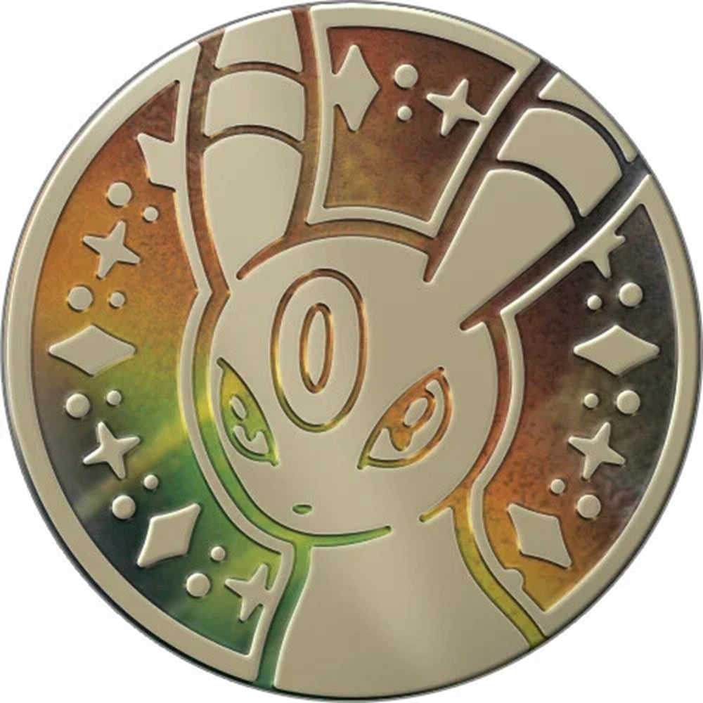 Close-up van de glimmende, zware metalen Umbreon verzamelmunt uit de 30th Celebration UPC.