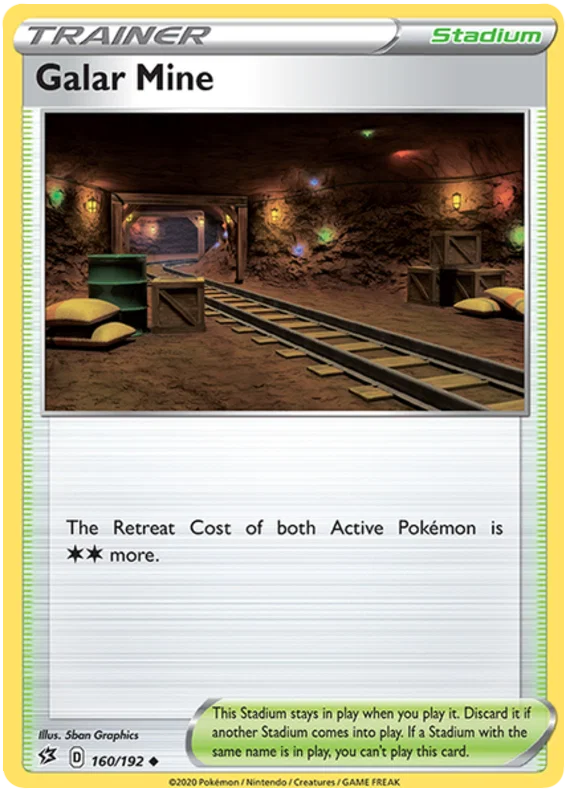 Voorkant van de originele Galar Mine #160 Uncommon Stadium Trainer kaart uit de Rebel Clash set.