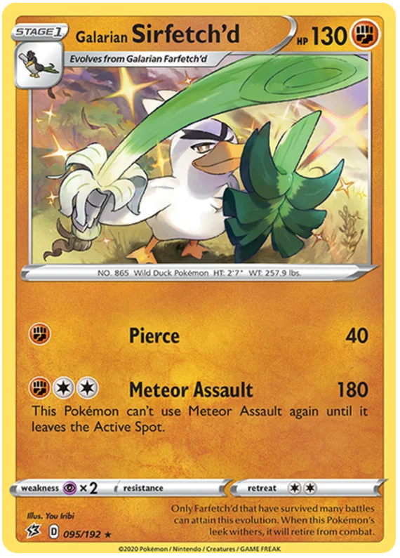 Pokémon TCG Galarian Sirfetch'd rare kaart uit de Rebel Clash set met vechttype aanval Meteor Assault