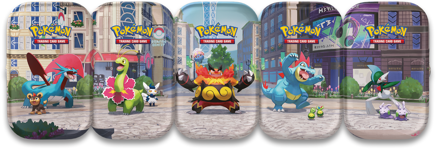 De vijf verschillende Pokémon Lumiose City Mini Tins naast elkaar gezet om het volledige, doorlopende panoramische kunstwerk te tonen.