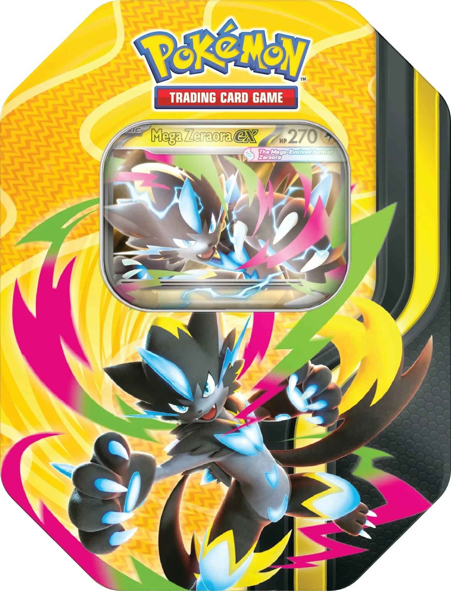 Vooraanzicht van de officiële metalen Pokémon TCG Mega Forces Mega Zeraora ex Tin met de foil promokaart zichtbaar in het venster.