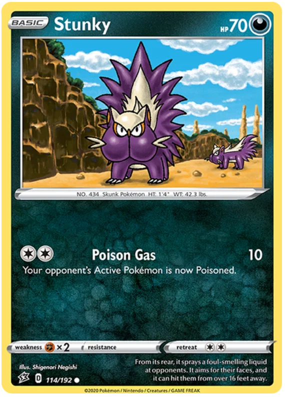 Voorkant van de originele Stunky #114 Common Pokémon kaart uit de Rebel Clash set.