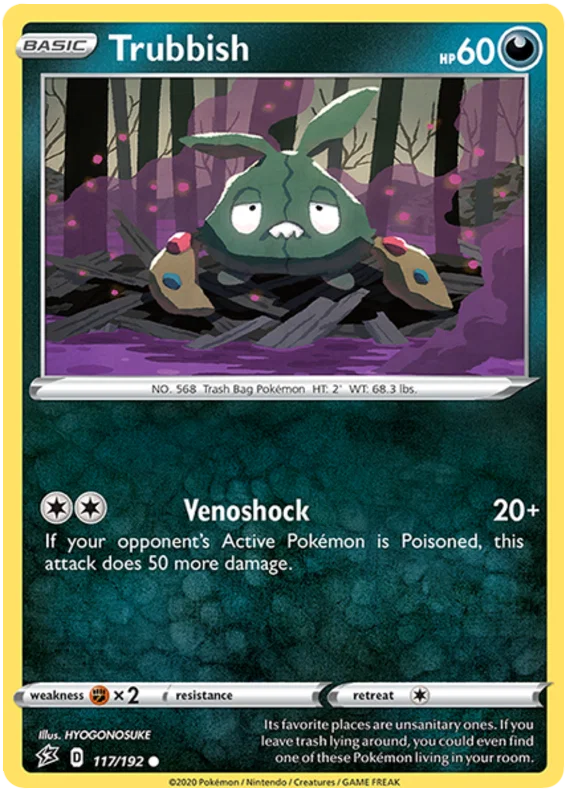 Voorkant van de originele Trubbish #117 Common Pokémon kaart uit de Rebel Clash set.