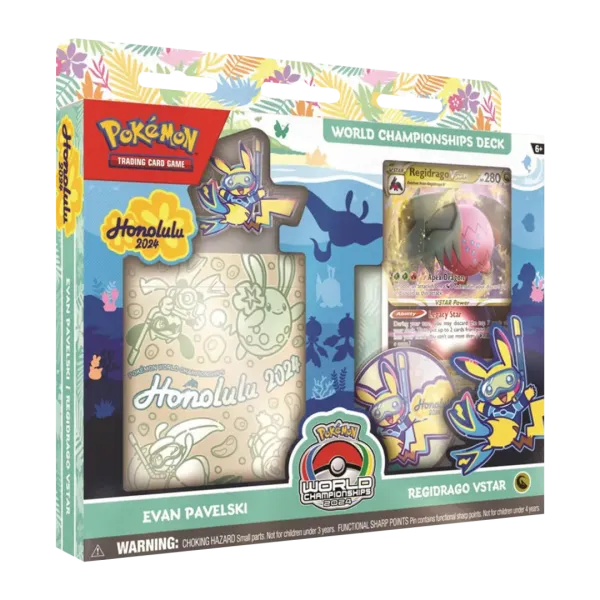 Vooraanzicht van de officiële verpakking van het Pokémon TCG World Championship Deck 2024 van Evan Pavelski (Regidrago VSTAR).