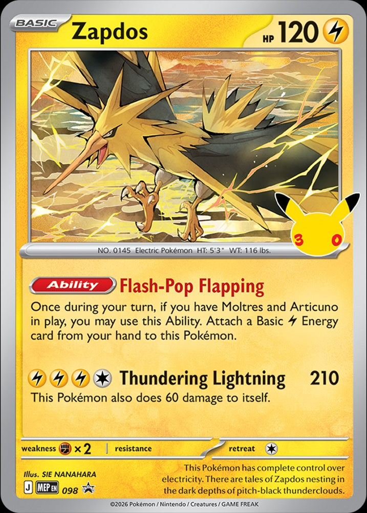 Close-up van de exclusieve Zapdos foil promokaart met de officiële Pokémon 30th Celebration logo-stempel.