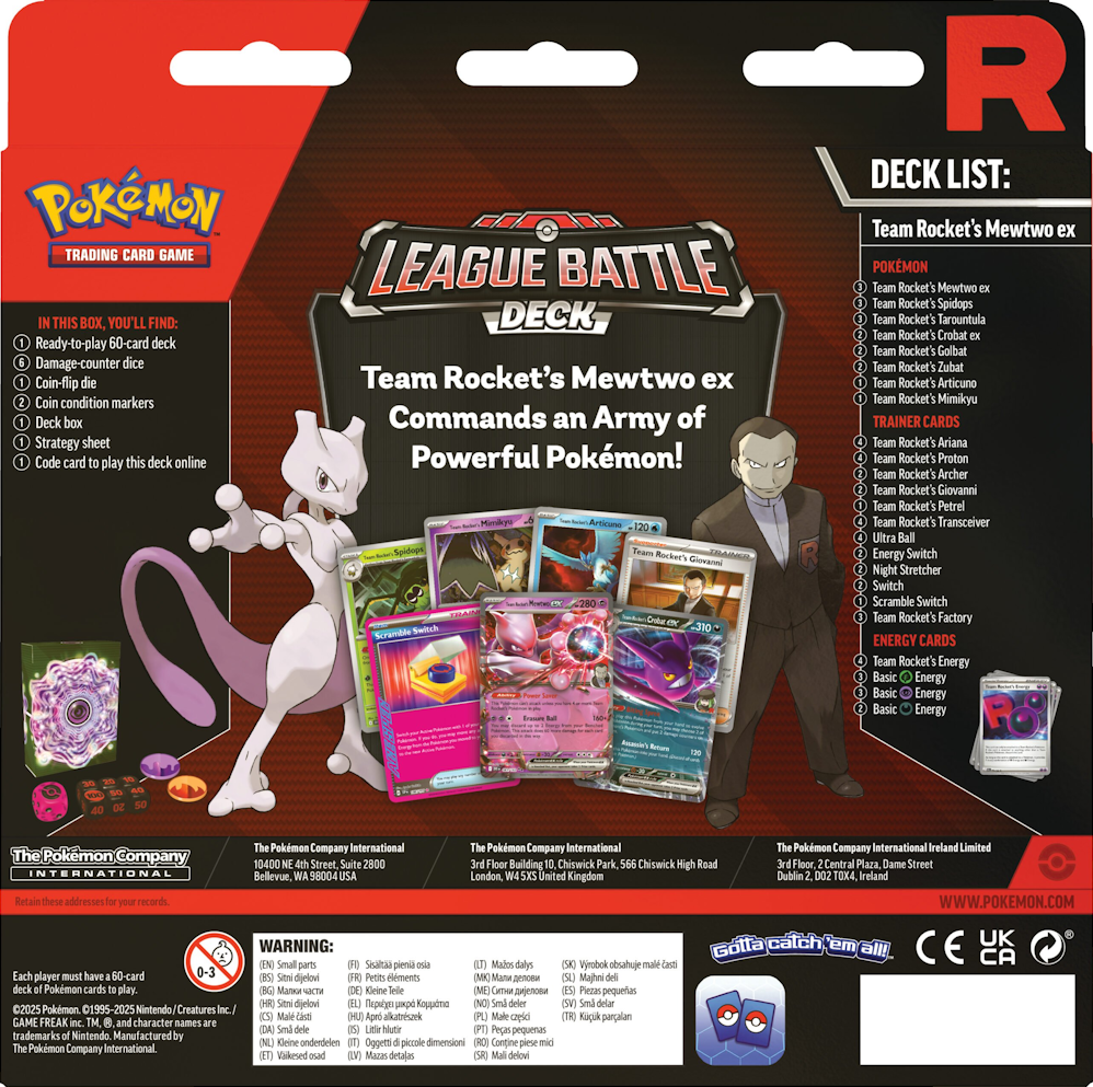 Achterkant van het Mewtwo ex League Battle Deck met de volledige decklist en inhoudsbeschrijving.