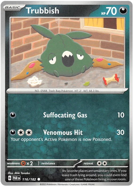 Pokémon Trubbish common kaart nummer 116 uit de Paradox Rift set
