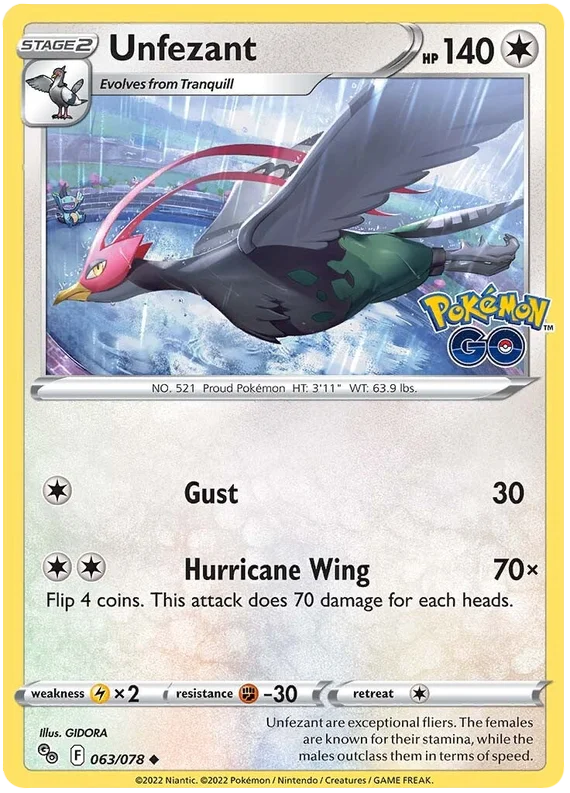 Unfezant Common kaart uit Pokémon Go voor Pokémon TCG