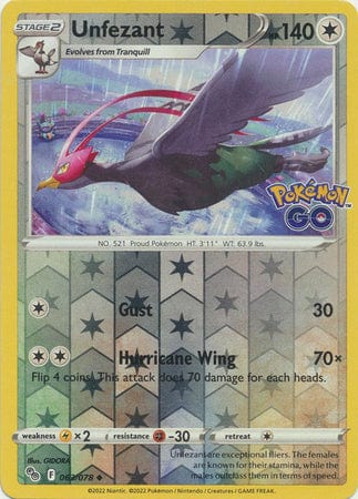 Unfezant reverse holo Pokemon kaart #063/078 uit de Pokemon GO set