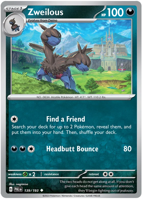 Zweilous common kaart nummer 139 uit de Pokémon Paldea Evolved set