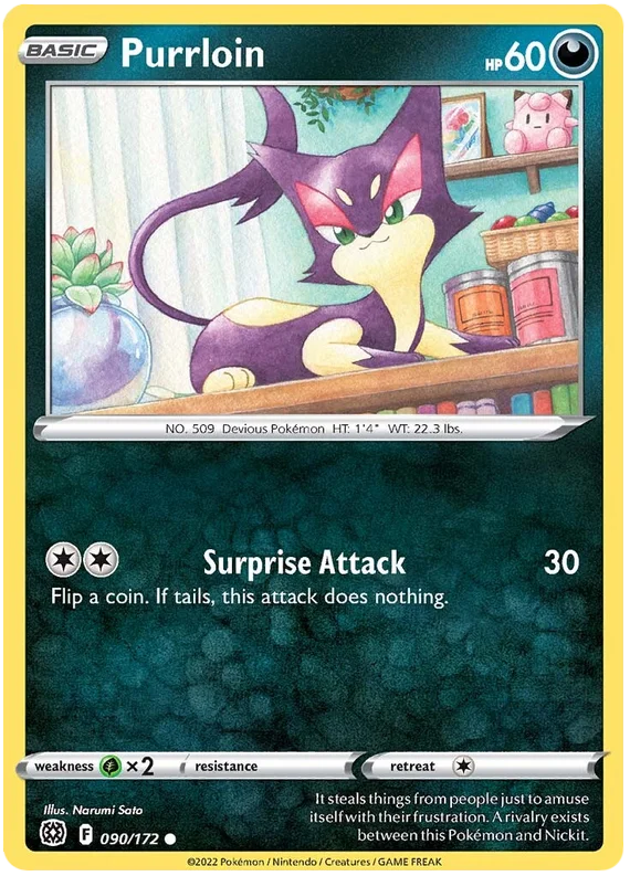 Purrloin common kaart uit Brilliant Stars, Dark-type Pokémon losse kaart.