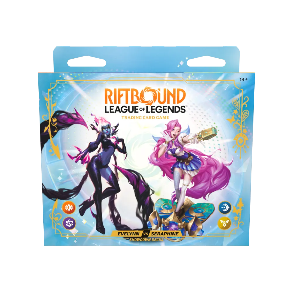 Vooraanzicht van de complete verpakking van de 2-player Radiance Showdown Deck box inclusief boosters en speelmatten.