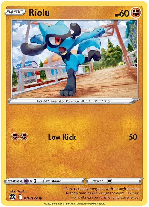 Riolu #078 Common kaart uit Pokémon Brilliant Stars set, Ground-type Pokémon voor verzamelaars.