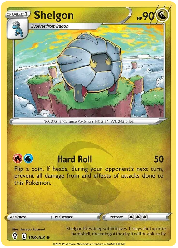 Shelgon 108/203 uncommon Pokémon kaart uit de Evolving Skies set met de aanval Hard Roll