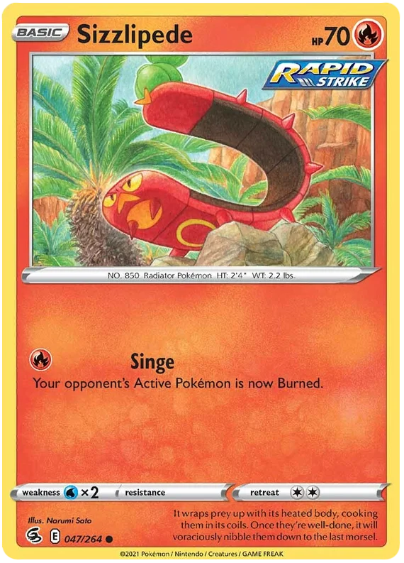 Sizzlipede common kaart uit Pokémon Fusion Strike – Fire Pokémon voor verzameling of deck