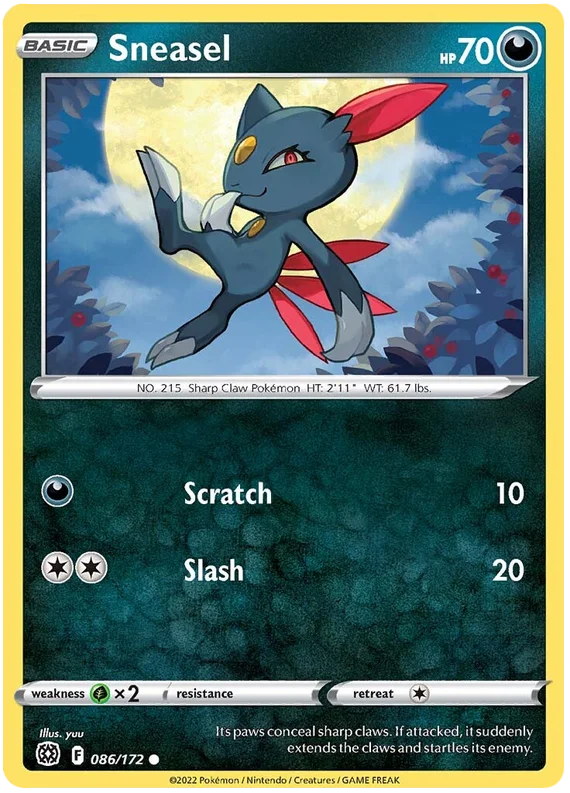 Sneasel #086 Common kaart uit Pokémon Brilliant Stars set, Dark-type Pokémon.