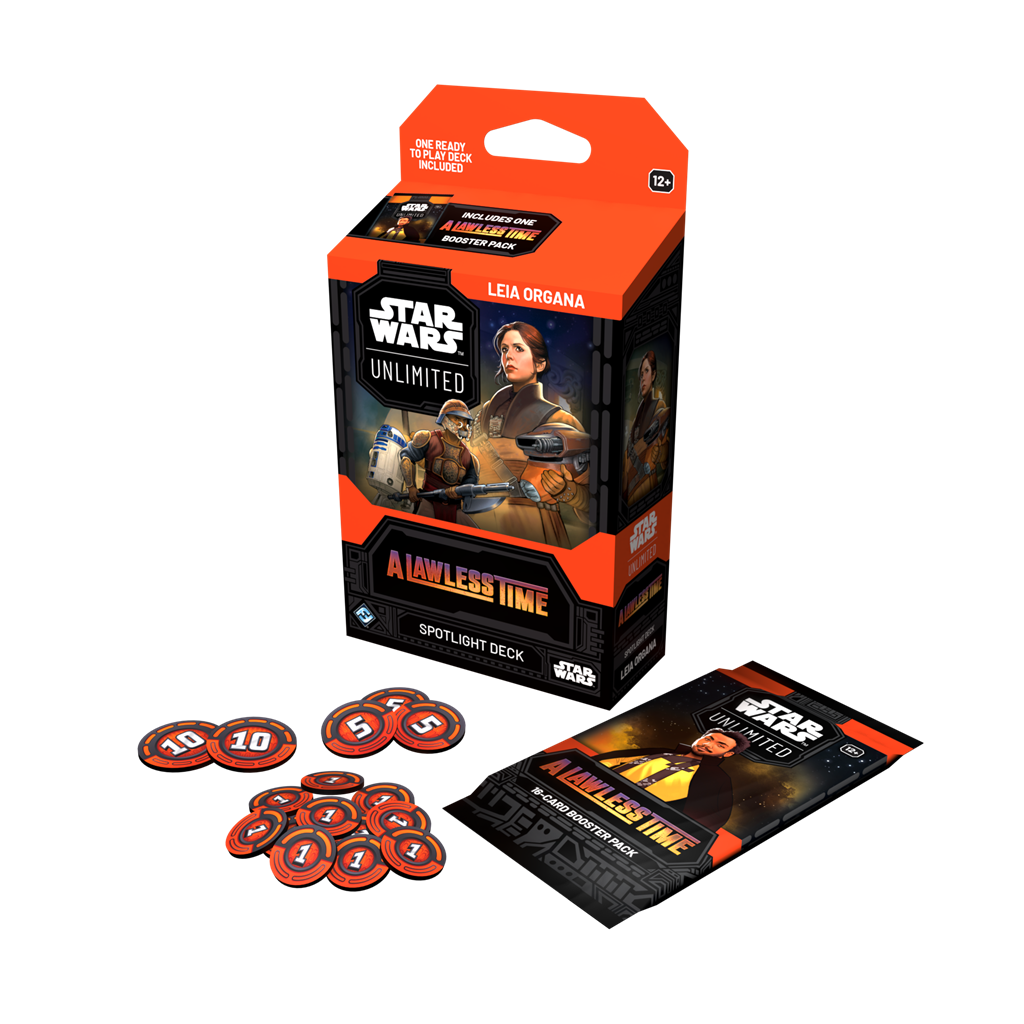 Star Wars Unlimited A Lawless Time Spotlight Deck Leia Organa doos met kaartspelmateriaal en leader-kaart - zijaanzicht