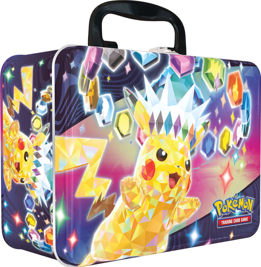 Stellar Pikachu Collector Chest met foil kaarten, Pokémon stickers, booster packs, Terapagos munt en mini mapje.