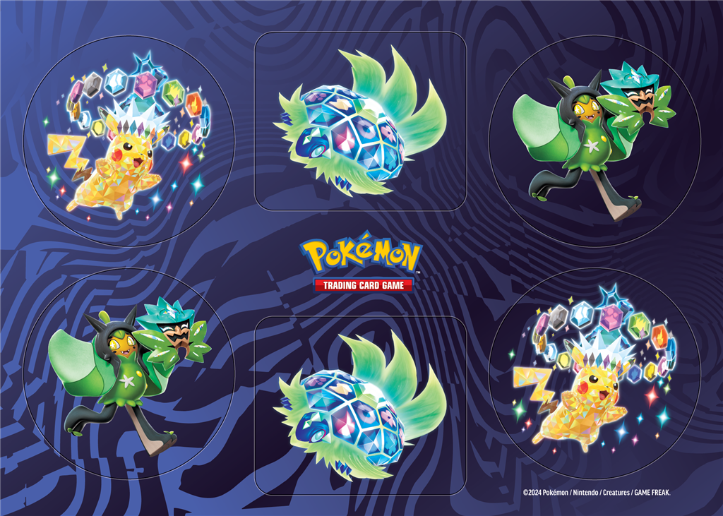 Stellar Pikachu Collector Chest met foil kaarten, Pokémon stickers, booster packs, Terapagos munt en mini mapje.