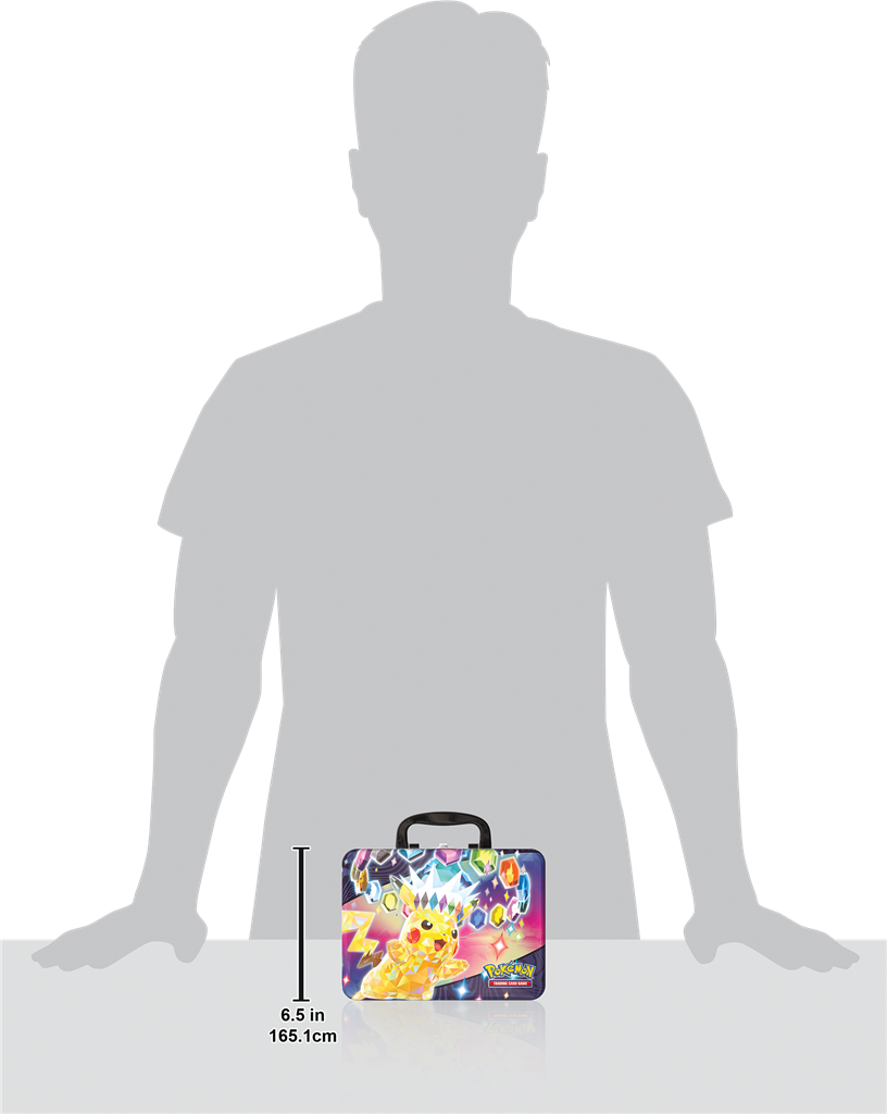 Stellar Pikachu Collector Chest met foil kaarten, Pokémon stickers, booster packs, Terapagos munt en mini mapje.
