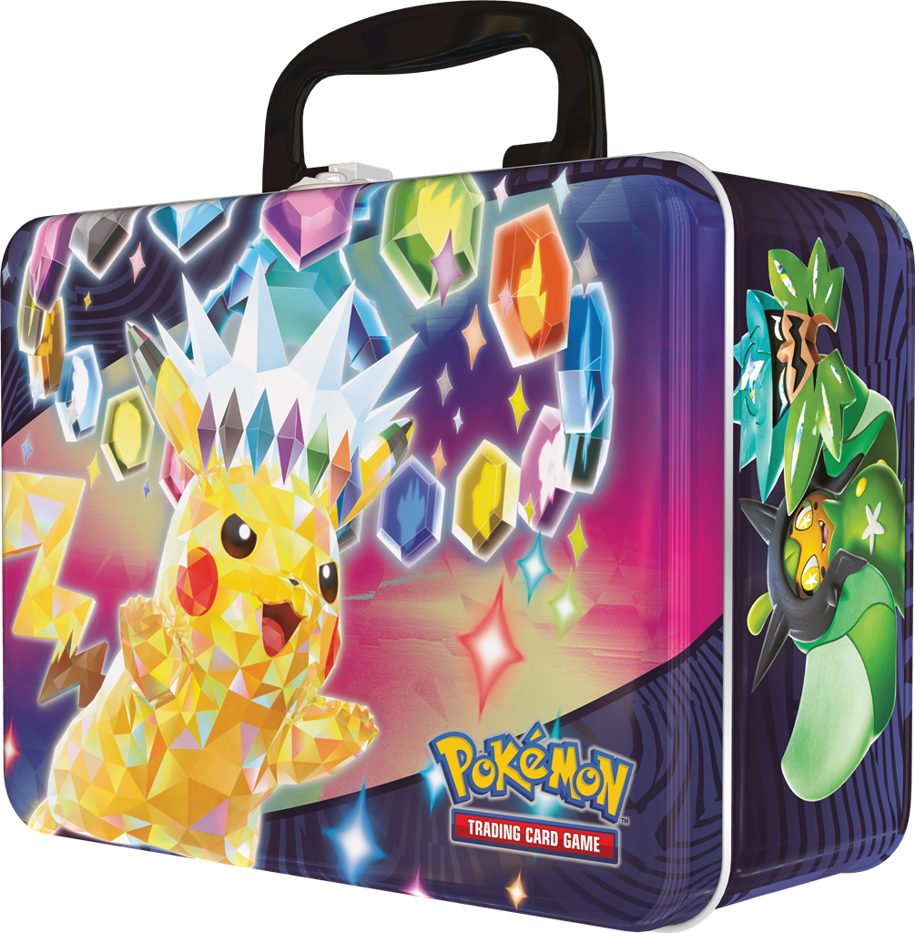 Stellar Pikachu Collector Chest met foil kaarten, Pokémon stickers, booster packs, Terapagos munt en mini mapje.