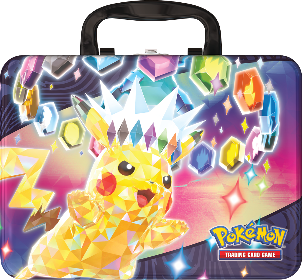 Stellar Pikachu Collector Chest met foil kaarten, Pokémon stickers, booster packs, Terapagos munt en mini mapje.