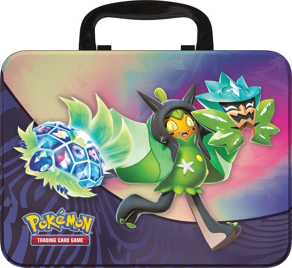 Stellar Pikachu Collector Chest met foil kaarten, Pokémon stickers, booster packs, Terapagos munt en mini mapje.