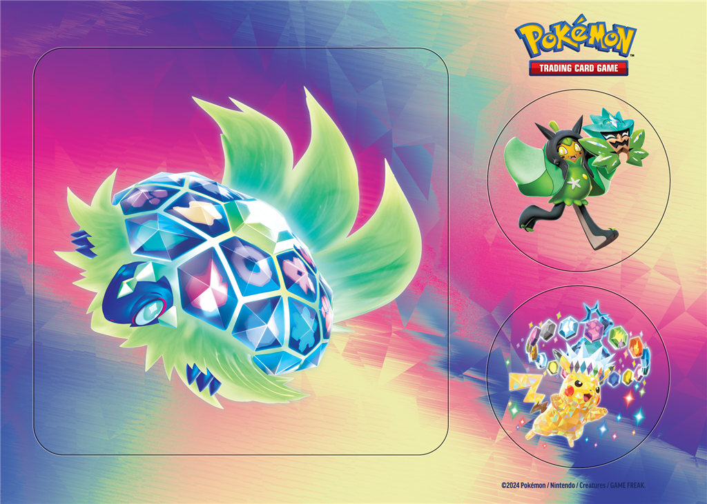 Stellar Pikachu Collector Chest met foil kaarten, Pokémon stickers, booster packs, Terapagos munt en mini mapje.