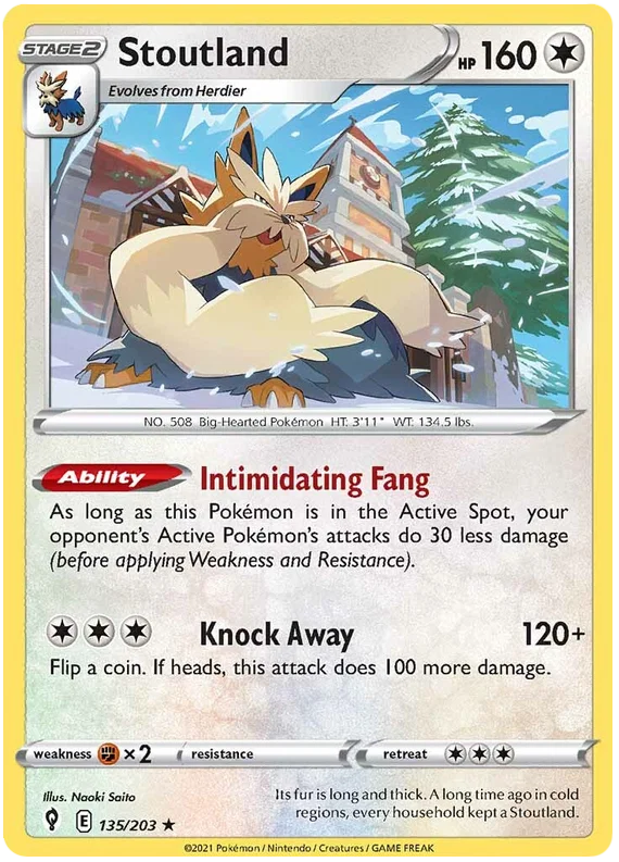 Stoutland 135 203 Evolving Skies zeldzame Pokémon kaart met Intimidating Fang vaardigheid
