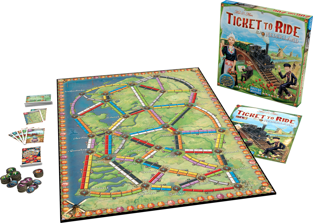 Ticket to Ride Nederland uitbreiding bordspel met plattegrond, bruggen en toltokens