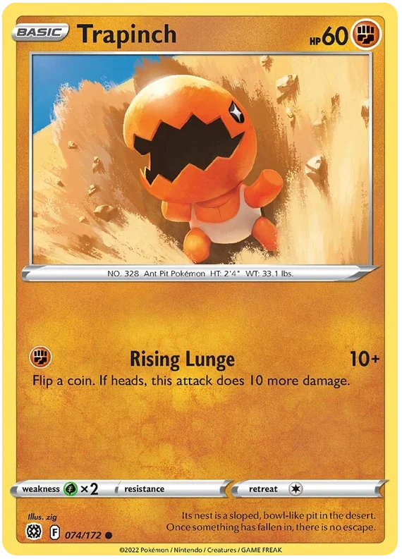Trapinch #074 Common kaart uit Pokémon Brilliant Stars set, Ground-type Pokémon voor verzamelaars en spelers.