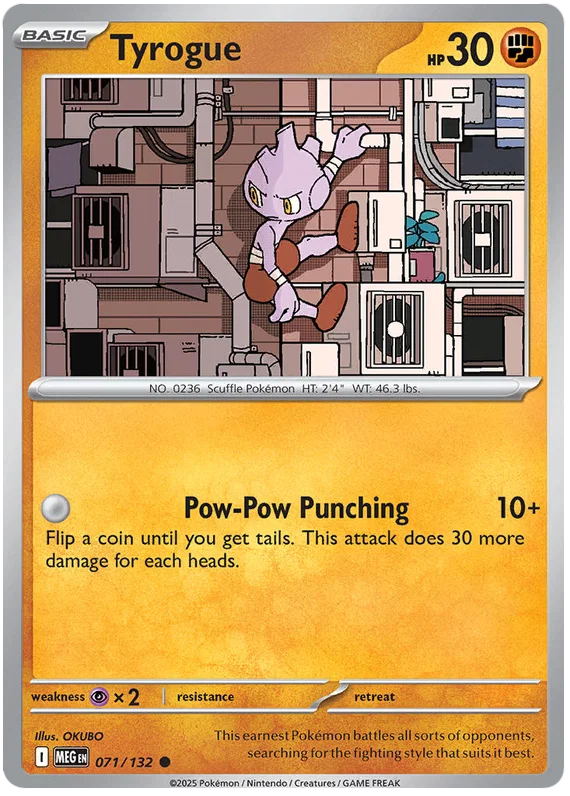 Tyrogue common kaart uit de Pokémon Mega Evolution set, kaartnummer 071
