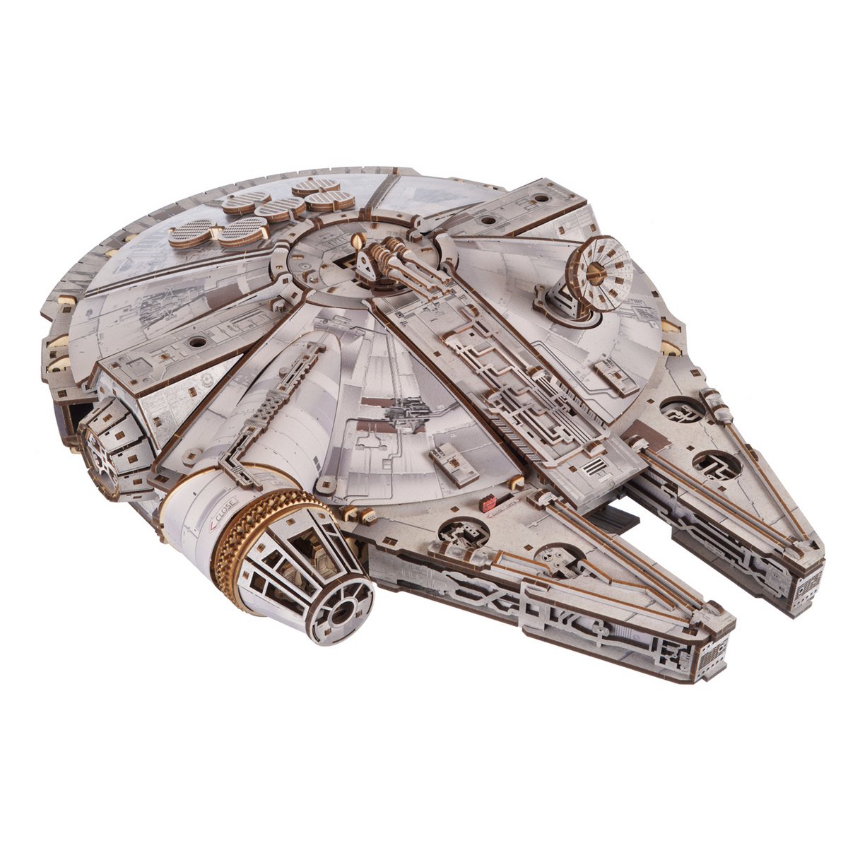 UGears Millennium Falcon Star Wars miniatuur houten bouwpakket op schaal 1:75 - vooraanzicht