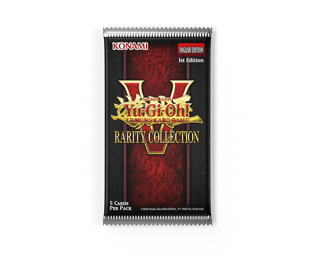 De voorzijde van een Yu-Gi-Oh! Rarity Collection V booster pack waarin extended art en variant art kaarten zitten.