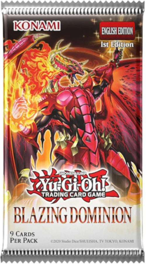 Vooraanzicht van een individueel Yu-Gi-Oh! Blazing Dominion booster pack.