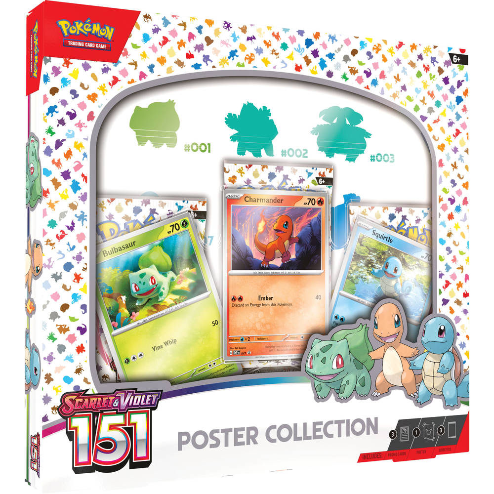 Ontdek de wereld van Pokémon met de Scarlet & Violet 151 Poster Collection. Deze verzameling bevat 3 speciale booster packs, een prachtige poster en folie promokaarten van Bulbasaur, Charmander en Squirtle.