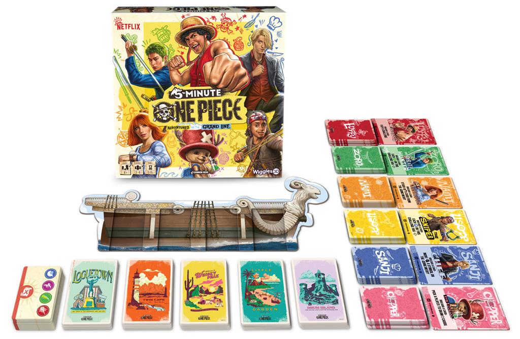 Overzicht van de kaarten, karaktertableaus en speelonderdelen van 5-Minute One Piece.