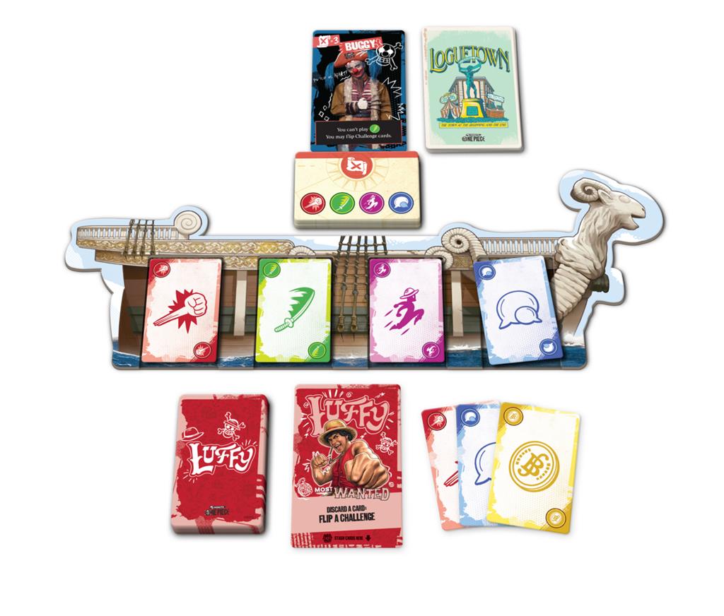 Close-up van de speelkaarten uit het Adventure Deck en de diverse fiches (tokens) gebruikt in het One Piece spel.