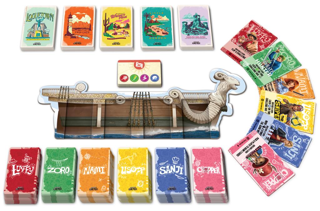 Een compleet overzicht van alle spelonderdelen, inclusief kaarten, tableaus en fiches, uitgespreid op tafel.