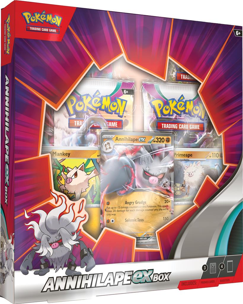 Annihilape ex Box met ex promokaart, folie promokaarten van Mankey en Primeape, vier Pokémon TCG-boosterpacks en een codekaart voor Pokémon TCG Live.