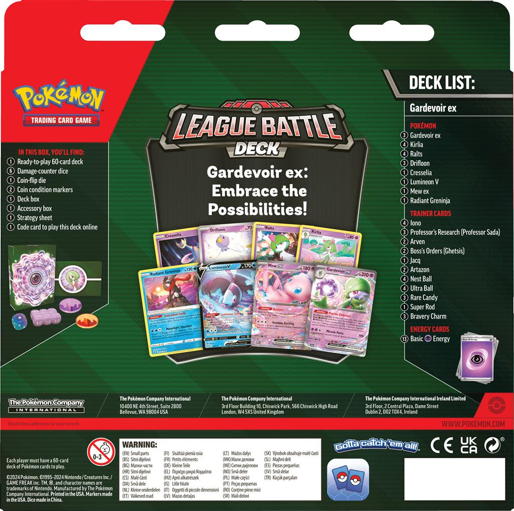 Pokémon TCG League Battle Deck Gardevoir ex met Psychic en Water Pokémon.