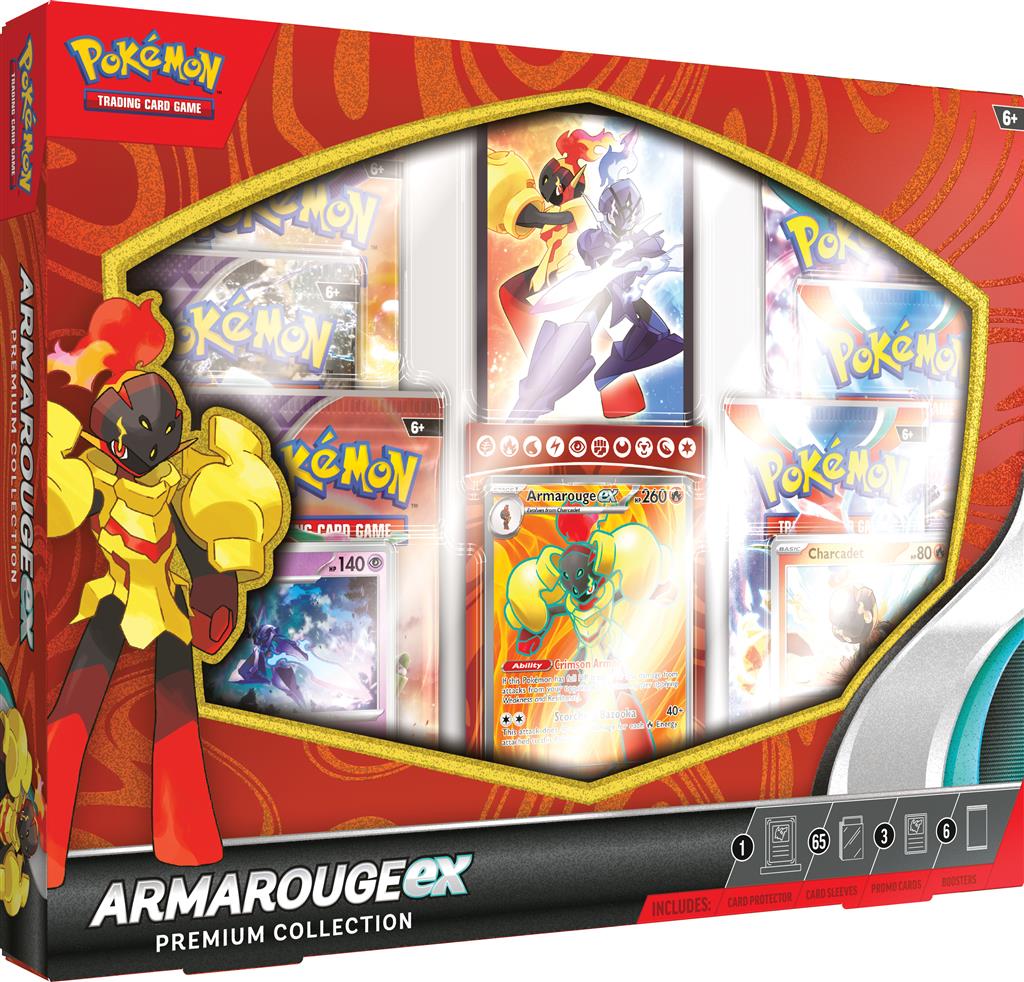 Pokémon TCG: Armarouge ex Premium Collection met promokaarten van Armarouge ex, Charcadet en Ceruledge, inclusief 6 booster packs en een magnetische kaartbeschermer.